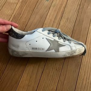 Golden goose size superstar glittered distressed leather and suede sneakers